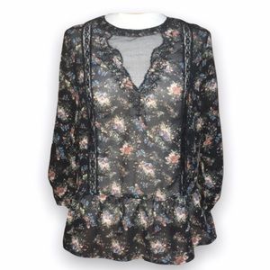 Urban Outfitters Pins And Needles Sheer Boho Black Floral Print Top Shirt Blouse